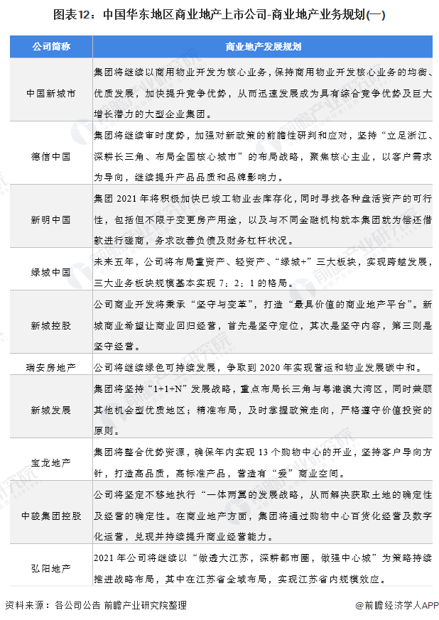 图表12：中国华东地区商业地产上市公司-商业地产业务规划(一)